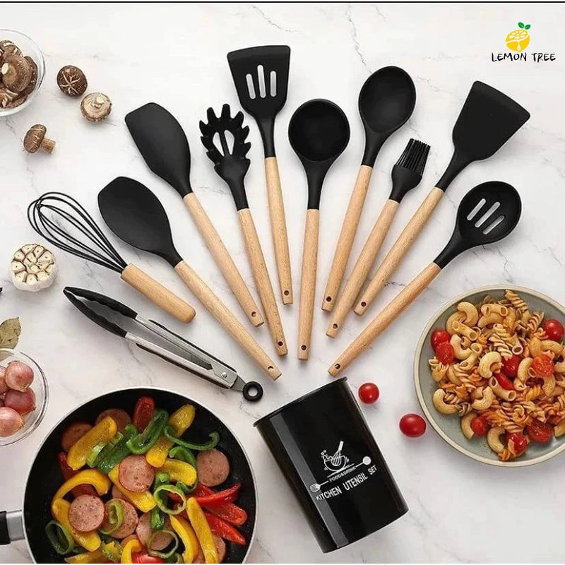 Kit 12 peças de Utensílios Para Cozinha em Silicone e Bambu
