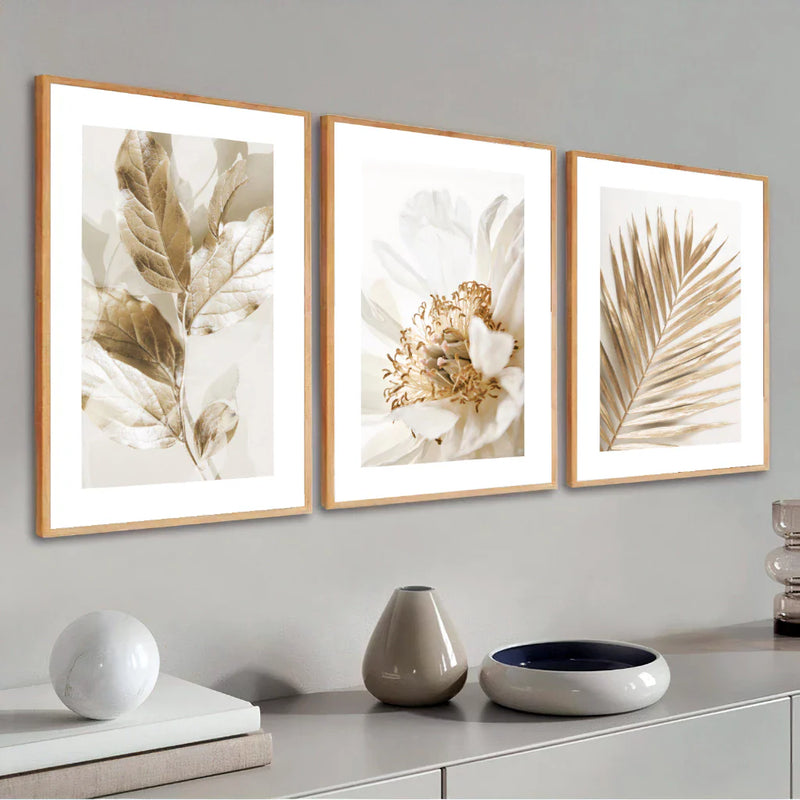 Kit com 3 Quadros Decorativos - Folhagem Dourada