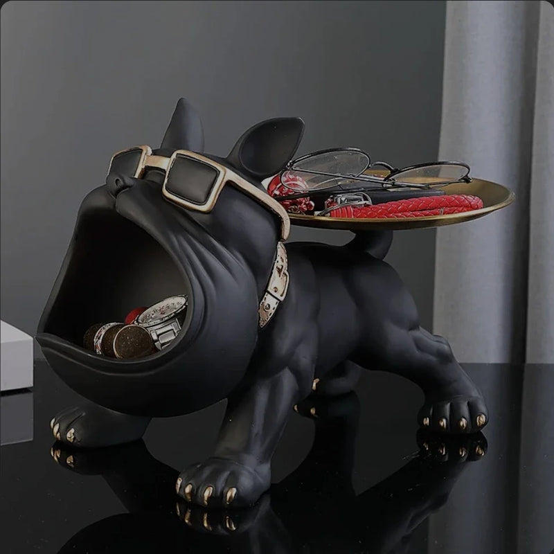 Escultura Decorativa de Cachorro Bulldog com Bandeja